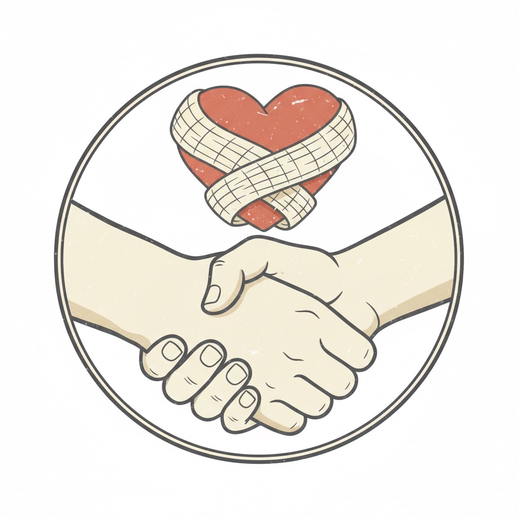 icona di due mani che si stringono stilizzate, un cuore con un tracciato, o un bendaggio/medicazione